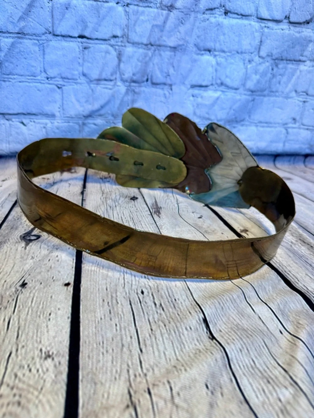 Vintage 80s Artisan Mixed Metal Scalloped Leaf Wide Belt Gaudy Unique Avantgarde